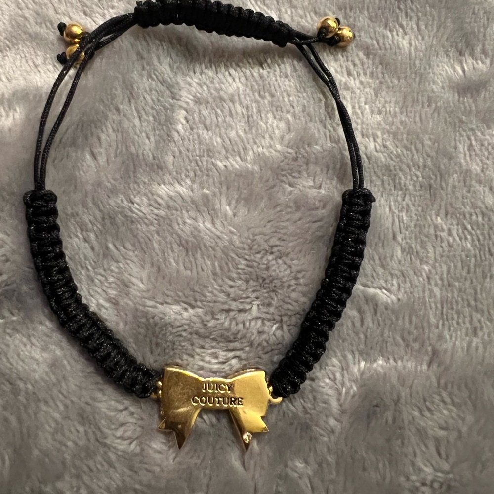 Juicy Couture Bolo Black Cord\Rhinestone Bow\Gold Tone Bead Bracelet, excellent - Picture 3 of 5